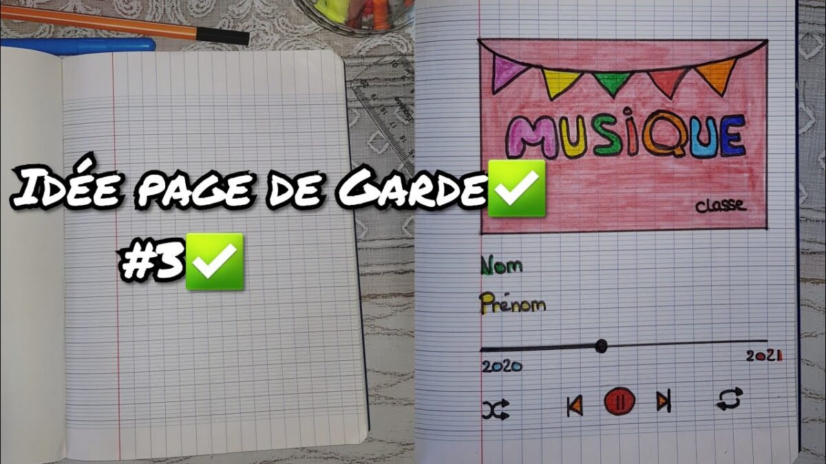 Page de présentation musique d'un cahier scolaire avec des notes de musique et une clé de sol dessinées